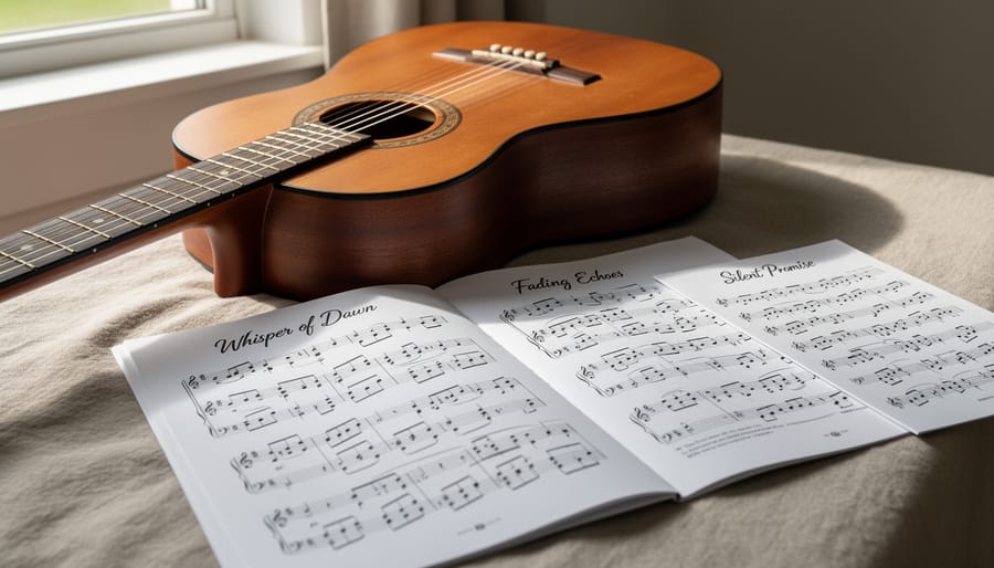 Close view of an old music sheet and piano keys under soft lighting