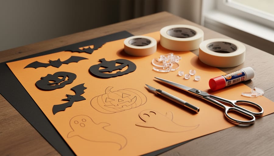 Top-down view of Halloween paper craft supplies including cardstock, a paper trimmer, hole punch, curling rod, twine, and cut bat and pumpkin shapes.