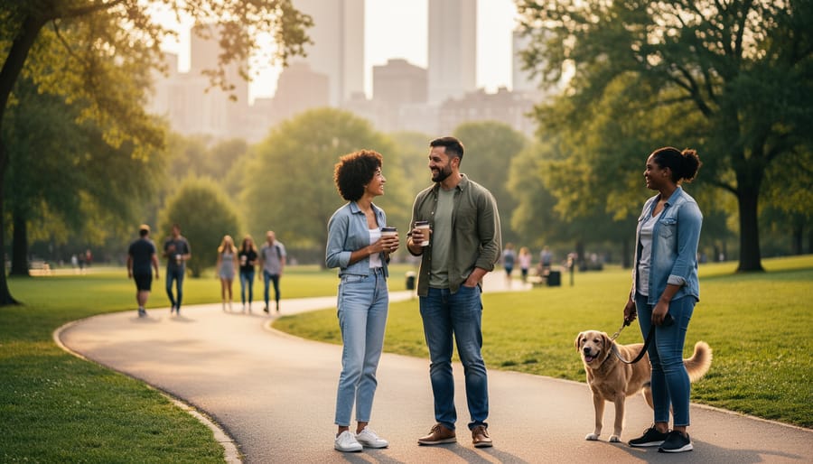 Two mothers walking together in a park while one pushes a stroller during warm golden hour lighting.