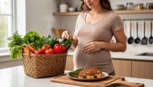 Pregnant woman in a bright kitchen holding a grocery basket while looking over fresh produce and meal ingredients.