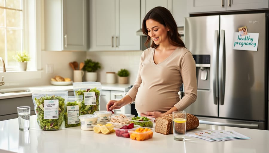 Pregnant woman preparing ingredients at a kitchen counter with pasteurized dairy, cooked protein, and steamed vegetables.