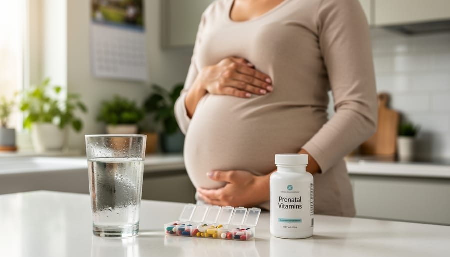 Pregnant woman taking prenatal capsules with a glass of water at a dining table