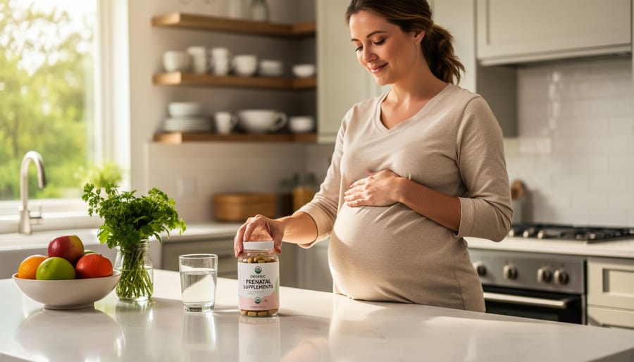 Pregnant woman holding an amber bottle of organic prenatal vitamins in a bright kitchen