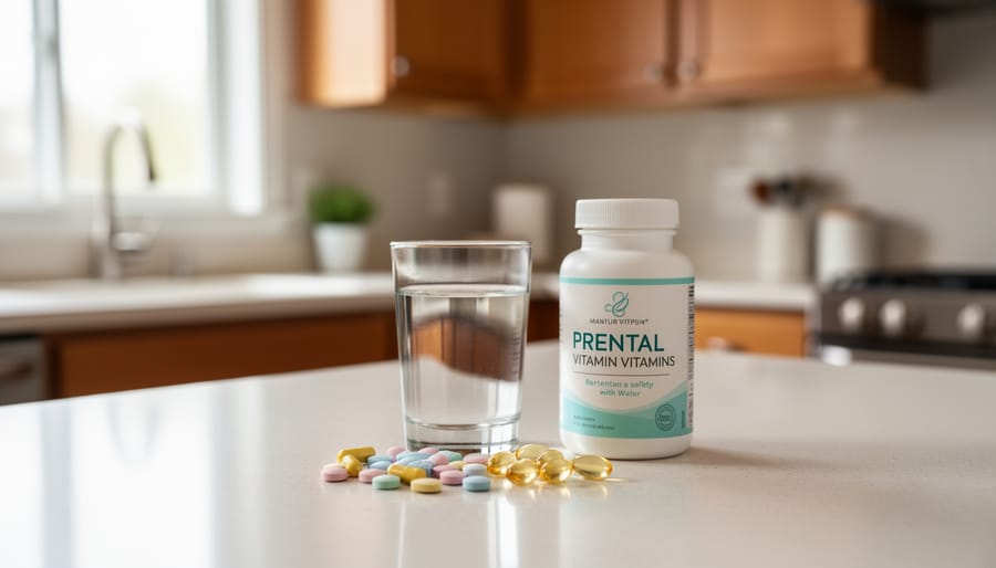 Expecting mother holding a prenatal vitamin organizer with a glass of water on a kitchen counter