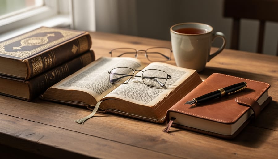 Open sacred book and prayer journal on a table with soft warm candlelight