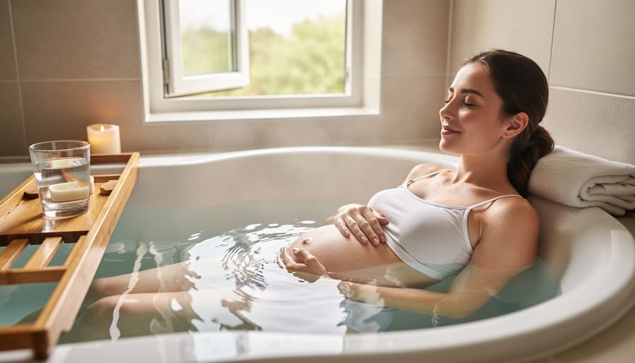 Cozy bathroom bath scene suggesting safe relaxation during early pregnancy