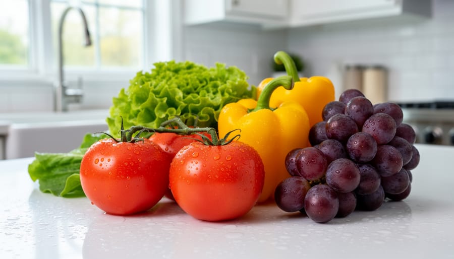Macro close-up of washed fruits and leafy greens on a plate with water droplets.