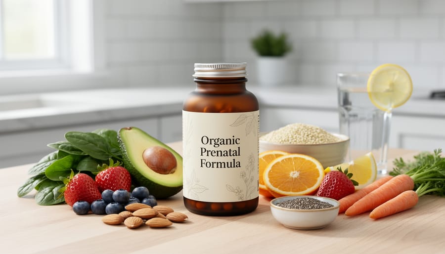 Whole-food ingredients arranged beside an organic prenatal supplement bottle