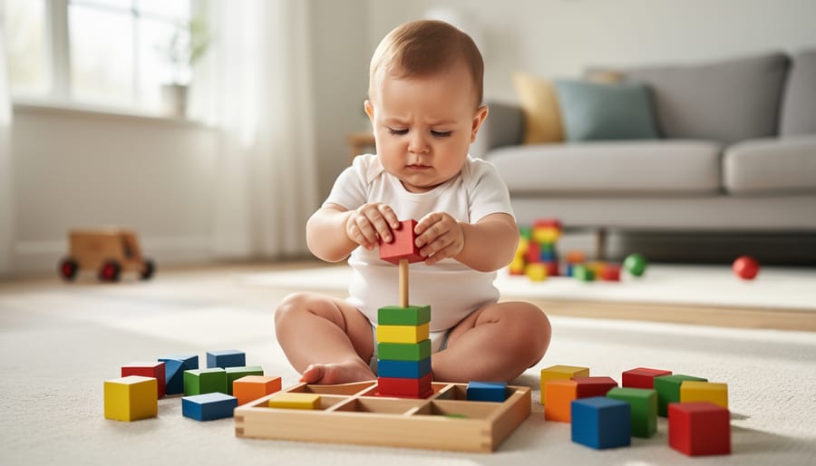 Infant sorting and placing building blocks into a bucket on a nursery floor.