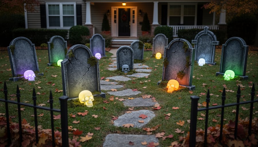 Close-up of foam and plastic Halloween tombstones with subtle LED lighting reflections