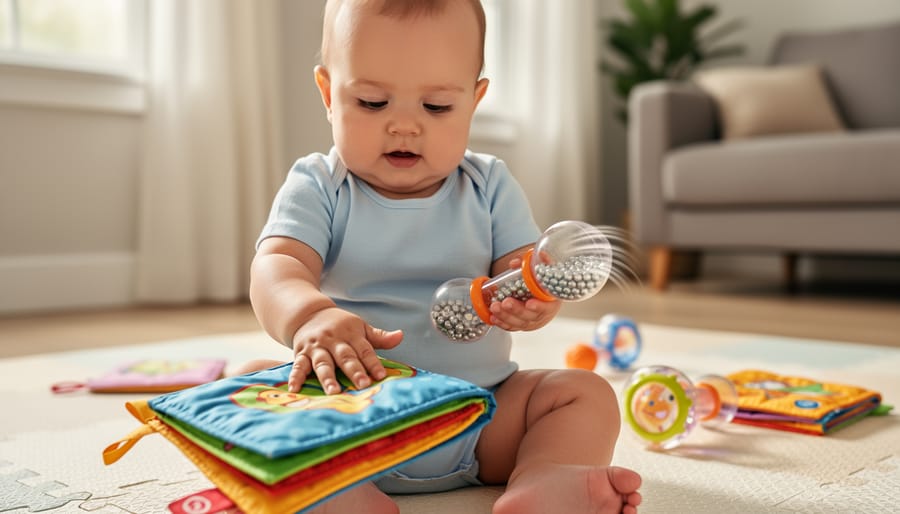 Infant holding a crinkle and rattle sensory toy during supervised floor play.