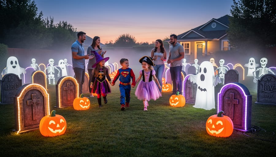 Family standing in a backyard Halloween graveyard scene with foam tombstones and soft LED lights at dusk