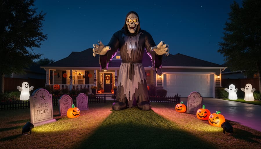 Large Halloween inflatable graveyard character glowing in a residential driveway at night