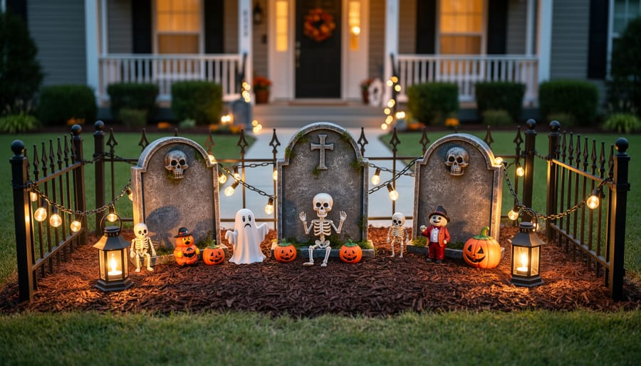 Parent and child arranging battery-powered lights and small accessories for a Halloween graveyard display