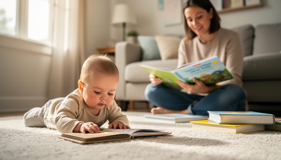 Infant touching the pages of an open board book while a caregiver reads aloud.