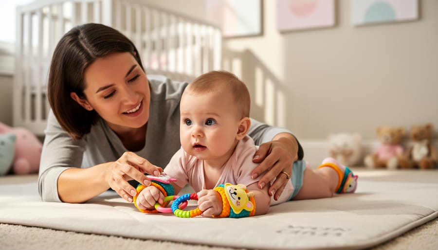 Infant reaching toward wrist rattles and foot finder socks on a soft play mat while a parent watches.