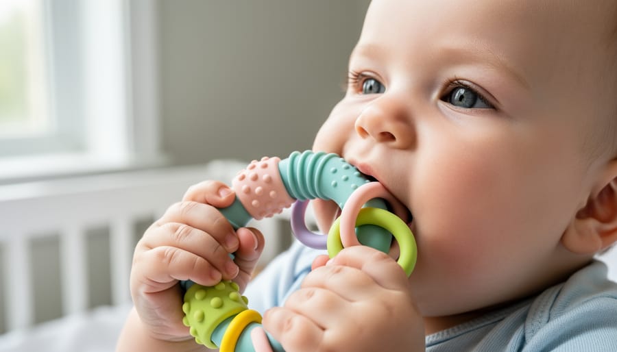 Infant hands reaching toward a textured silicone Montessori teething toy on a sensory surface.