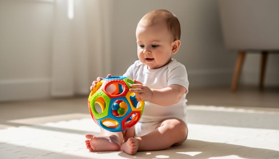 Infant gripping a colorful easy-grasp ball while a caregiver supports the toy.