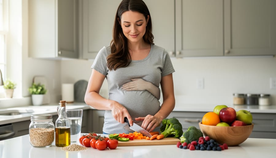 Pregnant woman chopping vegetables and arranging ingredients for a balanced prenatal-friendly meal at home