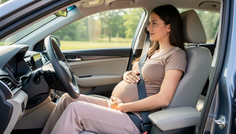 Pregnant woman wearing the lap portion of a seat belt low under her belly in a car