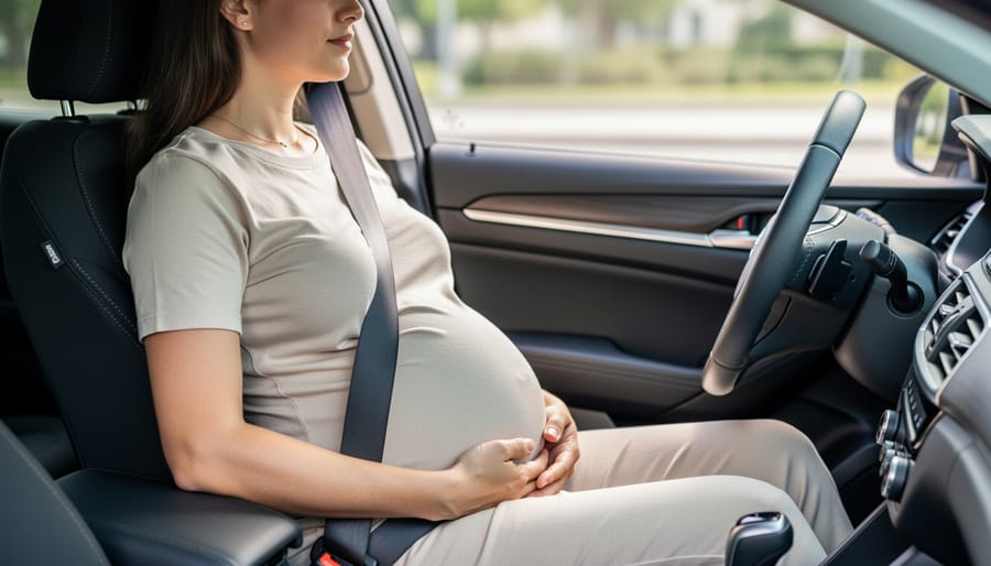 Pregnant woman wearing the shoulder seat belt correctly over the collarbone between the breasts