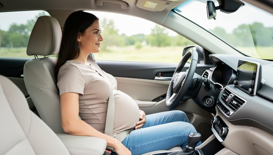 Pregnant woman sitting upright in a car with seat belt properly positioned and seat back adjusted