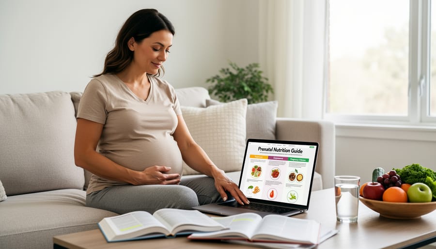 Pregnant woman calmly consulting prenatal nutrition information on a tablet in a quiet room