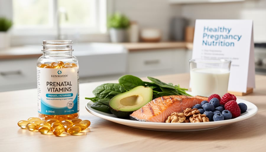Prenatal vitamin bottle with water and nutrient-rich foods like leafy greens and lentils on a kitchen counter