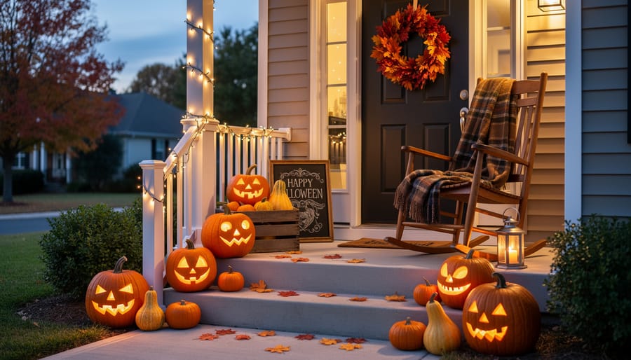 Assorted Halloween decorative accessories arranged on a front porch