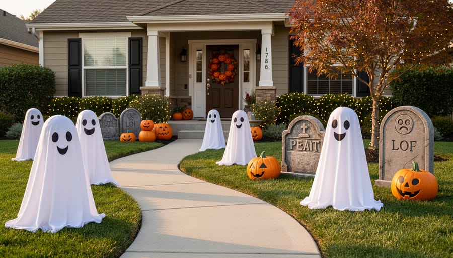Family-friendly ghost yard decorations and spooky accents near a garden bed