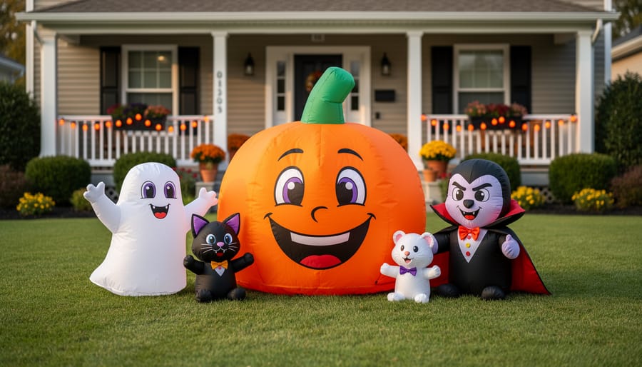 Inflatable ghost and pumpkin Halloween decorations in a driveway