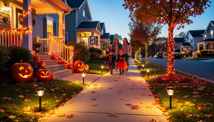 Outdoor Halloween lights wrapped on a porch railing and pathway stakes at dusk