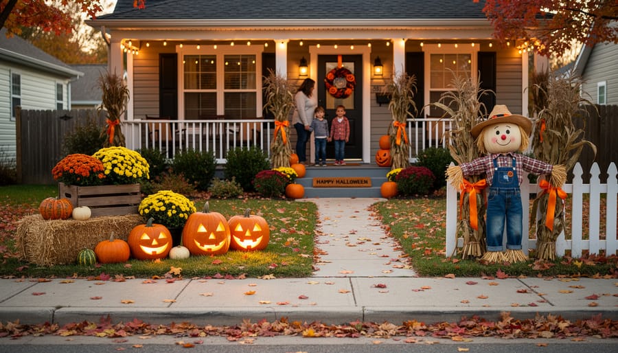 Family enjoying a Halloween-decorated front yard with lights, pumpkins, and inflatables