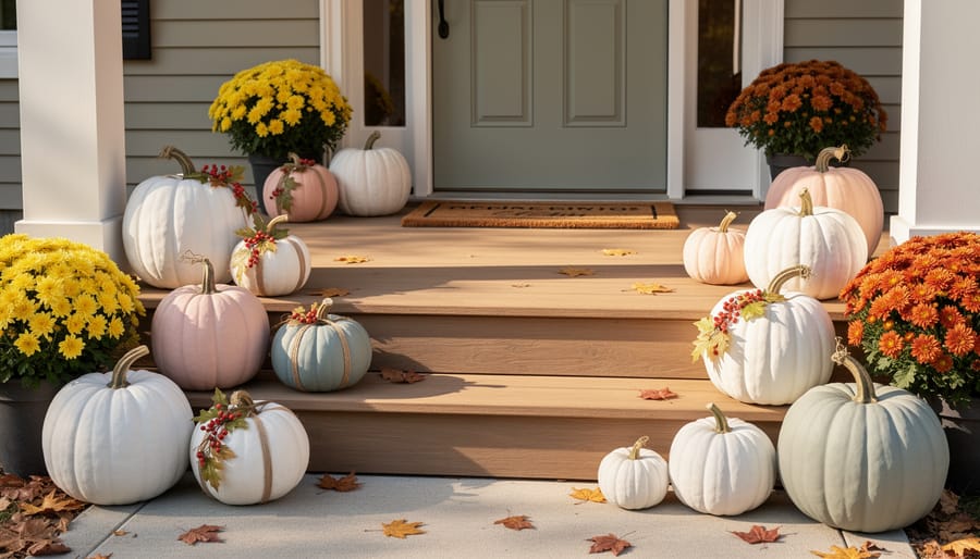 Artificial pumpkin decorations displayed on a front walkway