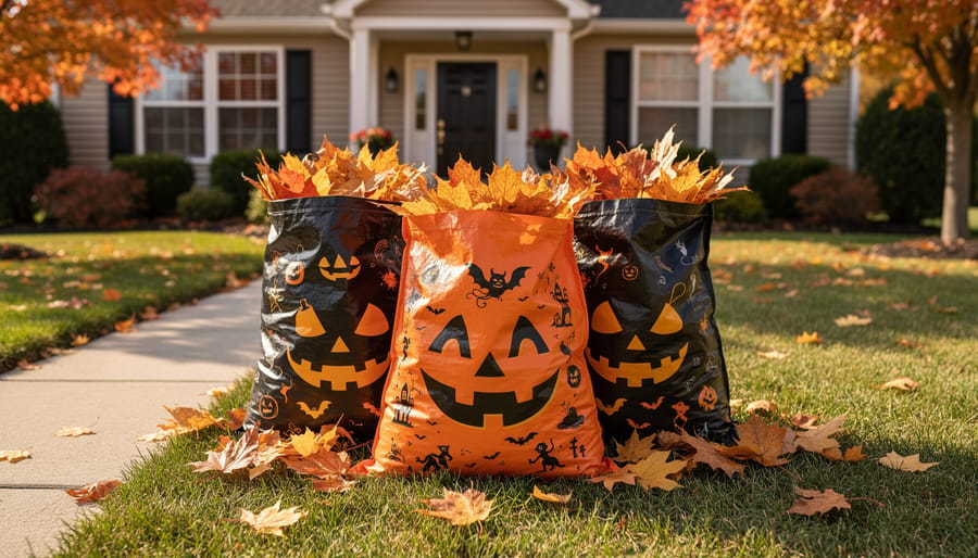 Reusable Halloween leaf bags with fallen leaves next to yard cleanup tools
