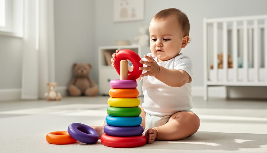 Infant hands placing colored stacking rings onto a stacking ring STEM toy post.
