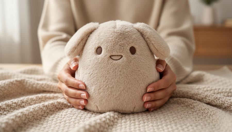 Infant snuggling with a soft plush toy on a blanket in a cozy room.